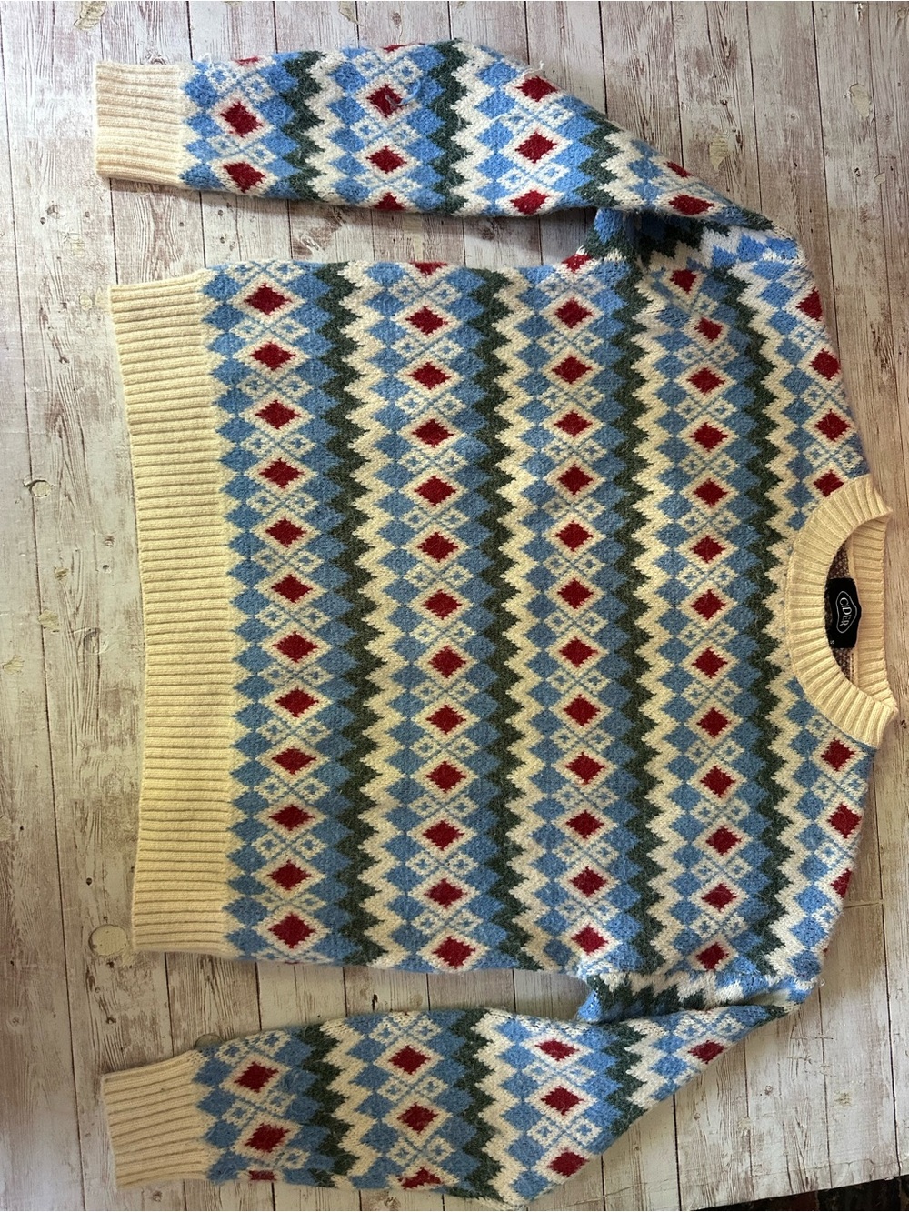 Cider Cream Fair Isle Knit Sweater with Blue, Green & Red Pattern -